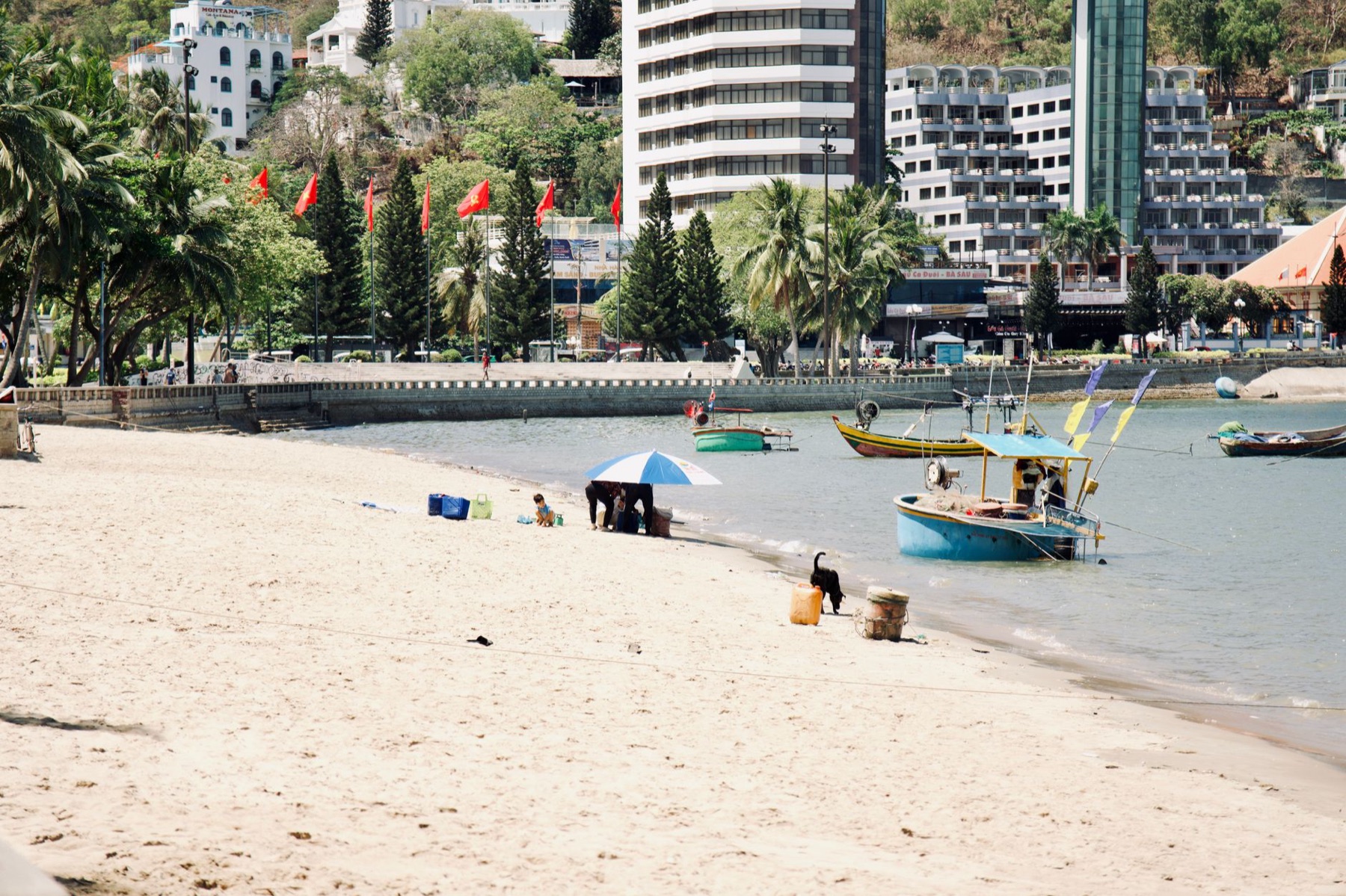 Vung Tau — A vibrant beach scene with people enjoying the sand, boats docked, and a city sk